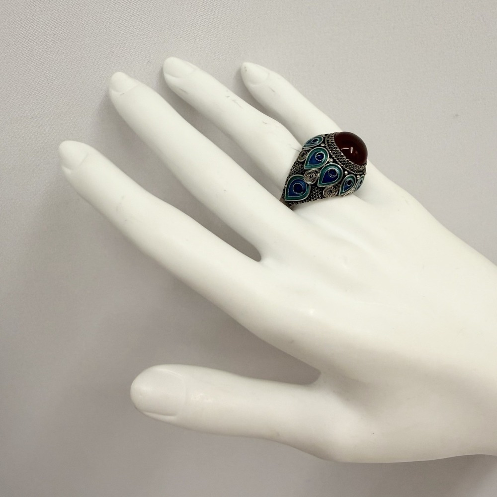 Vintage Chinese Export Sterling Filigree Enamel Carnelian Ring by BJ Size 7 - Picture 3 of 12